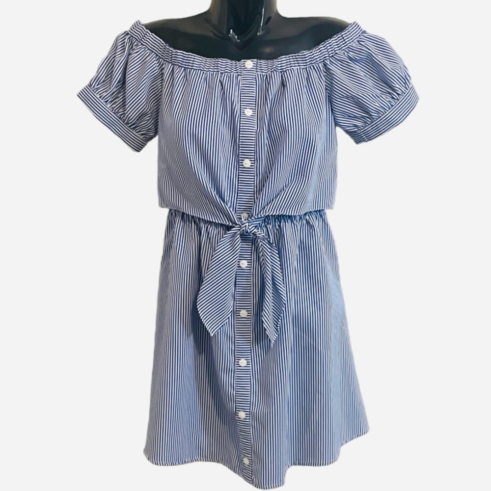 3/$15 Striped Blue & White Off-Shoulder Tie Front Button Mini Babydoll Dress